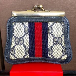 W GUCCI GG Supreme Navy Blue Ophidia Sherry Line Canvas Kiss Lock Coin Purse